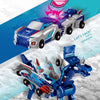 A blue and silver transforming dinosaur car toy is shown in a dynamic pose on a light surface.