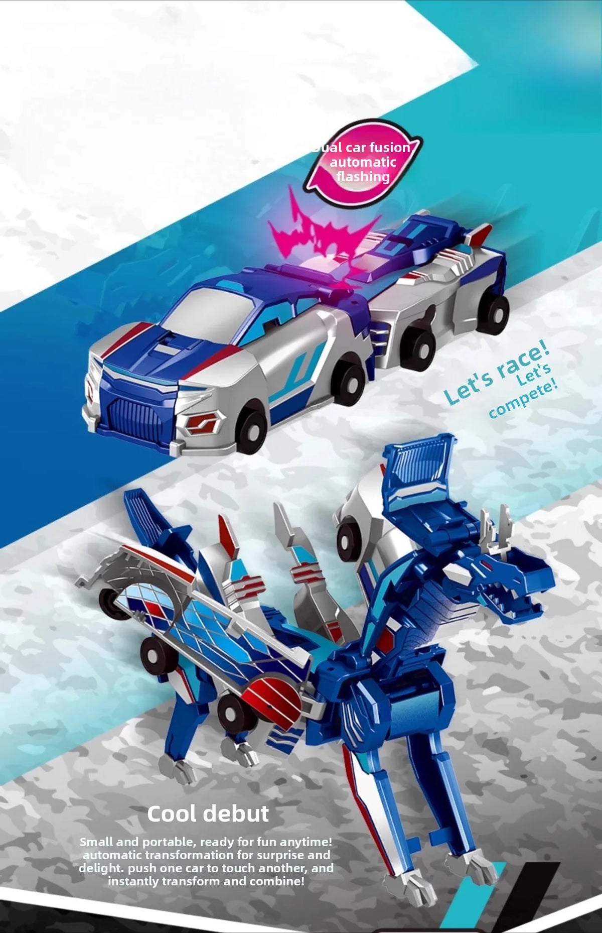 A blue and silver transforming dinosaur car toy is shown in a dynamic pose on a light surface.