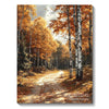 A forest landscape diamond painting featuring tall birch trees and autumn foliage along a dirt path.