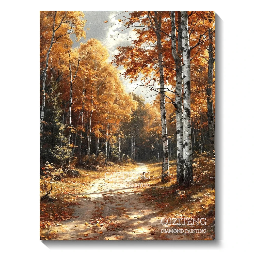 A forest landscape diamond painting featuring tall birch trees and autumn foliage along a dirt path.