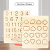 A wooden Number+Shape tracing board showing numbers and various geometric shapes for early learning.