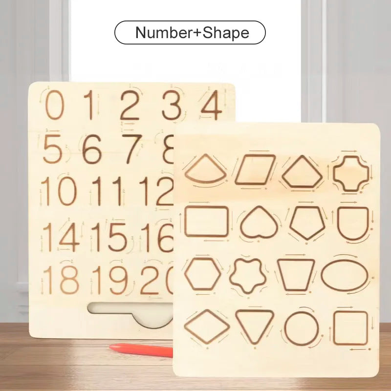 A wooden Number+Shape tracing board showing numbers and various geometric shapes for early learning.