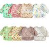 A set of six waterproof full sleeve baby bibs featuring various patterns and colors for feeding.