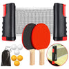 A set of black and red retractable table tennis net, paddles, and balls displayed on a surface.