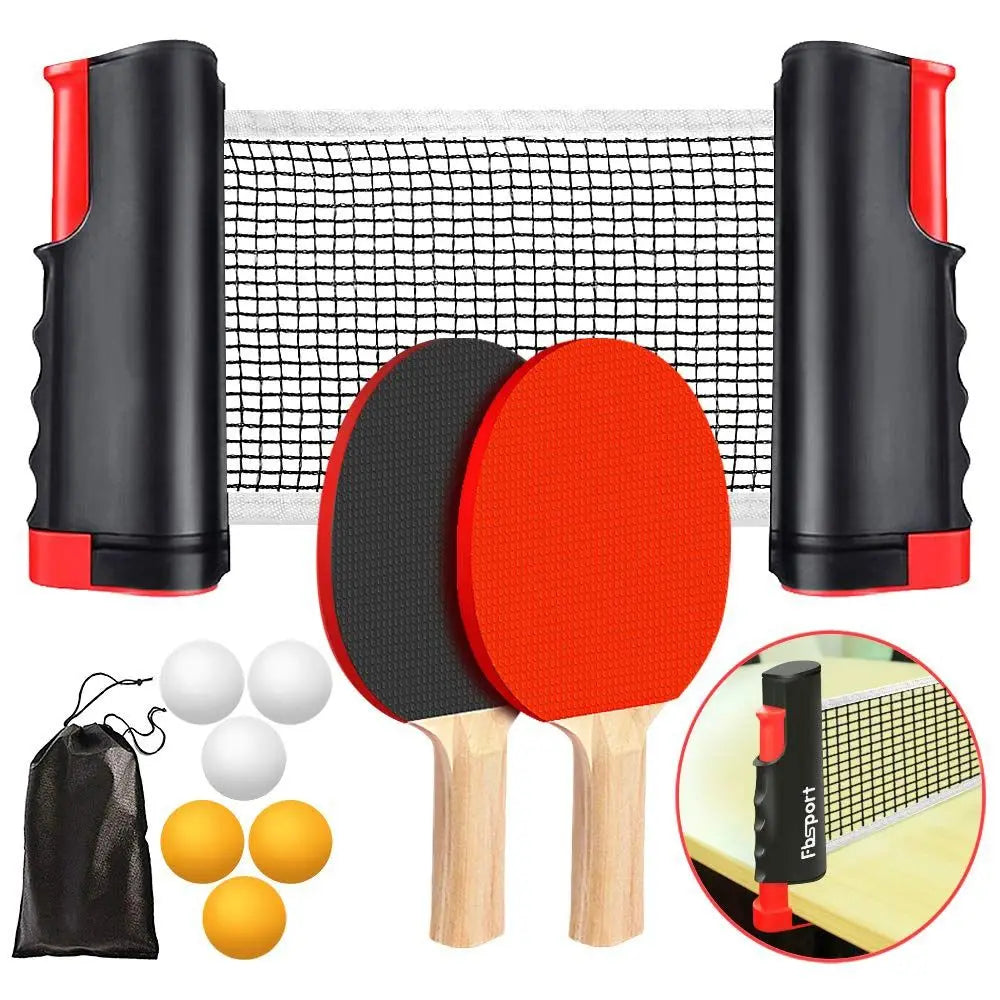 A set of black and red retractable table tennis net, paddles, and balls displayed on a surface.
