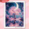 A diamond painting kit featuring a moonlit tree landscape with pink blossoms reflected in water under a dark sky.