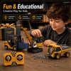 A boy is playing with a yellow mini RC construction vehicle set featuring a truck, excavator, and a trailer on a wooden surfa
