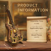 A wooden miniature guitar model kit showing the assembled product next to a rolled paper detailing assembly time and componen