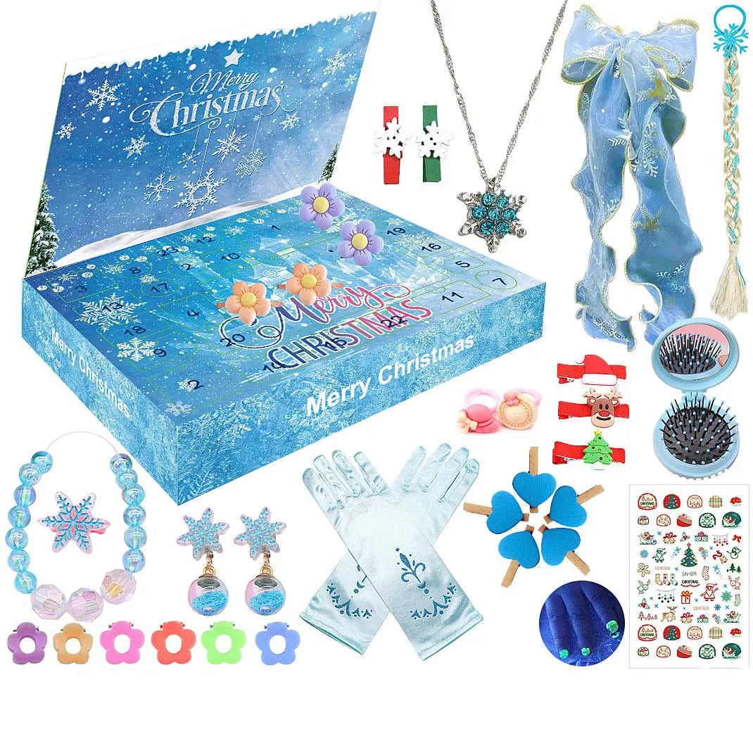 A blue advent calendar box featuring mermaid-themed jewelry, including a necklace, earrings, and other accessories.