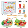 A wooden salad pretend play food set featuring various fruits and vegetables for children.