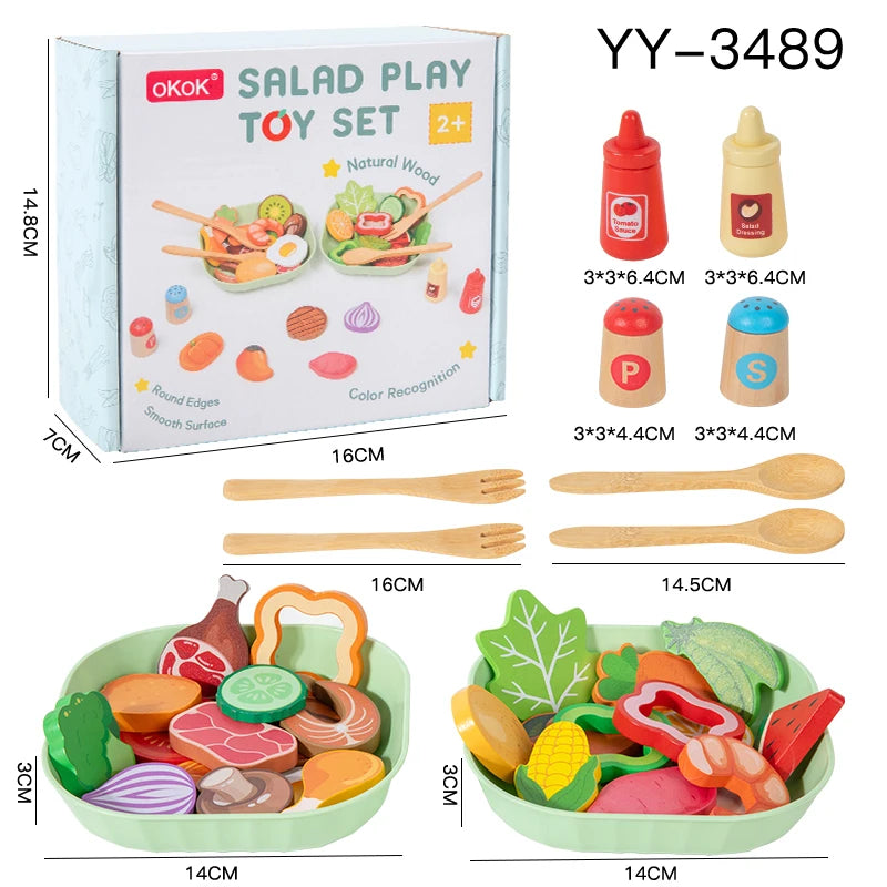A wooden salad pretend play food set featuring various fruits and vegetables for children.