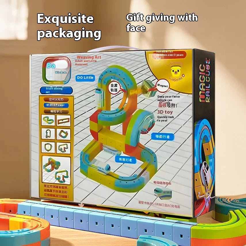 A box of a magnetic rail train toy set featuring colorful plastic pieces and a magnetic face for gifting.