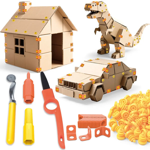 A cardboard tool set kit featuring a house model, a dinosaur figure, various screwdrivers, and plastic tools.