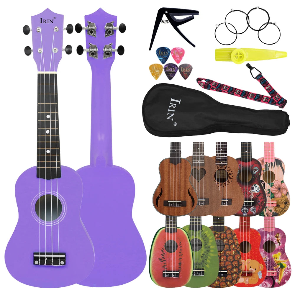 A purple ukulele and a matching case with accessories shown side by side.