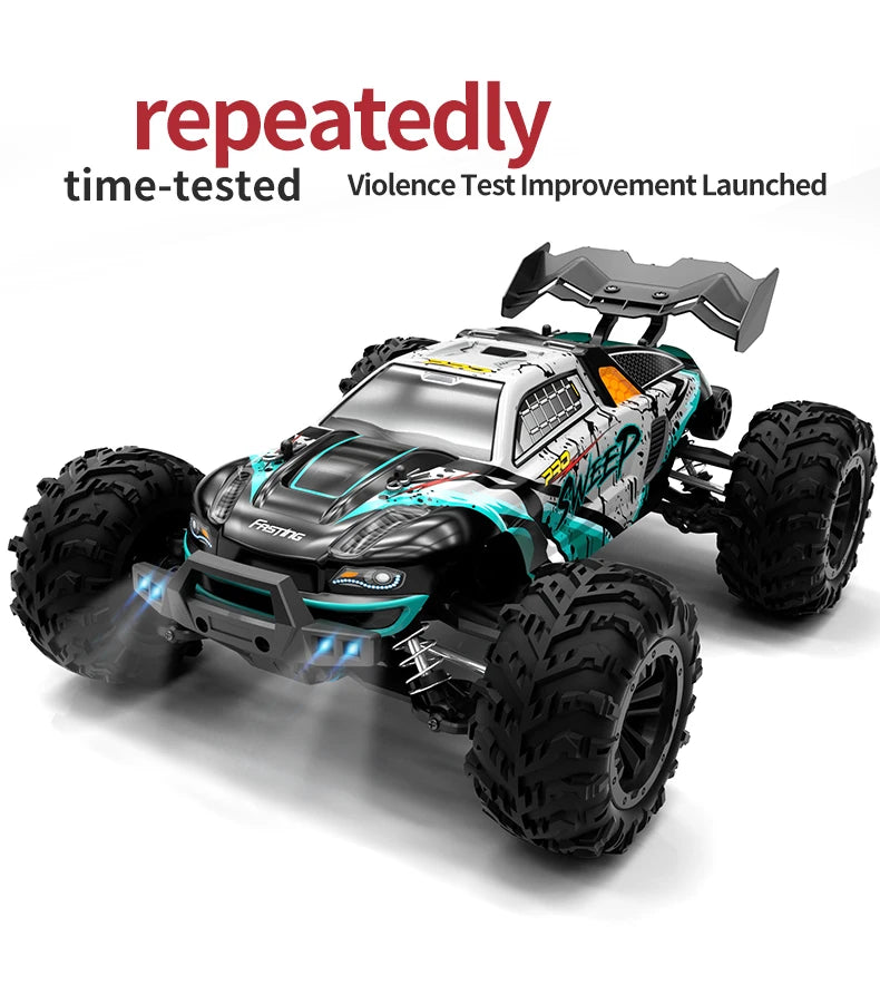 A black and teal high-speed 4WD RC monster truck with aggressive tires and LED lights.