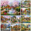 A collection of nine paintings depicting scenic forest houses, bridges, and nature scenes suitable for diamond painting.