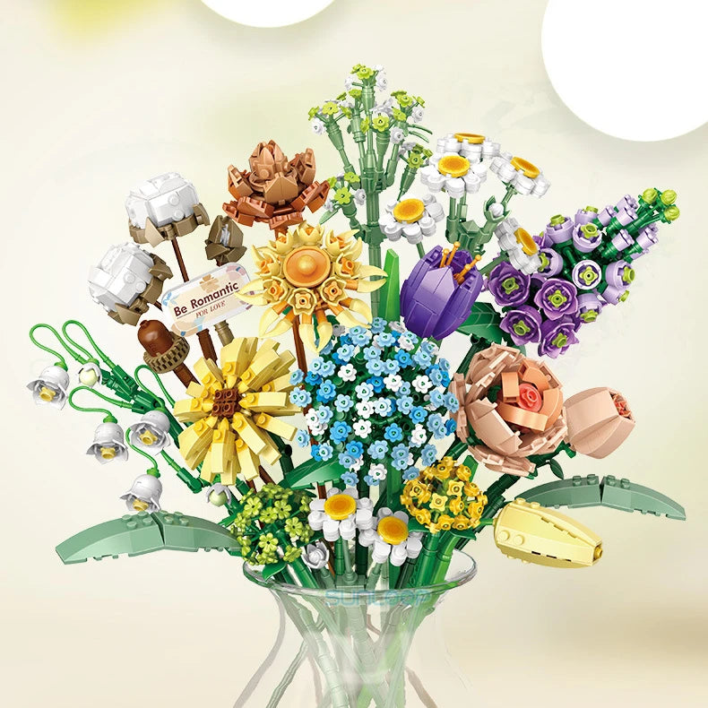A colorful floral bouquet made from building blocks featuring various flowers and greenery.