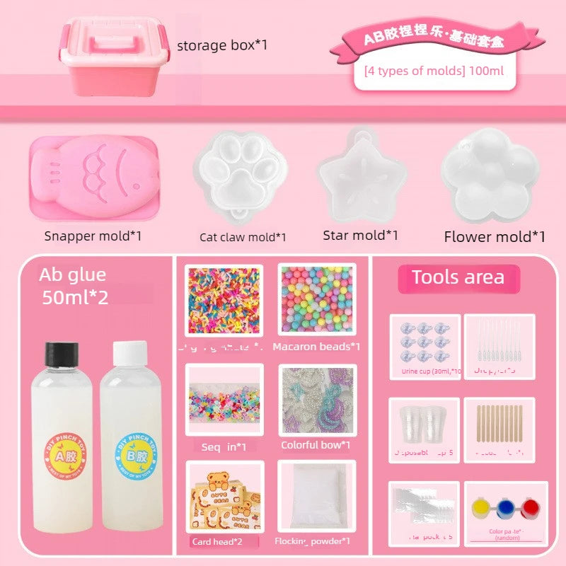 DIY squishy making kit featuring storage boxes, molds, glue, beads, and tools for creating squishy items