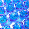A collection of handmade resin D20 dice featuring a blue and purple liquid swirl effect.