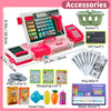 A pink pretend play cash register with a calculator, accessories like play coins, food toys, and music score are displayed.
