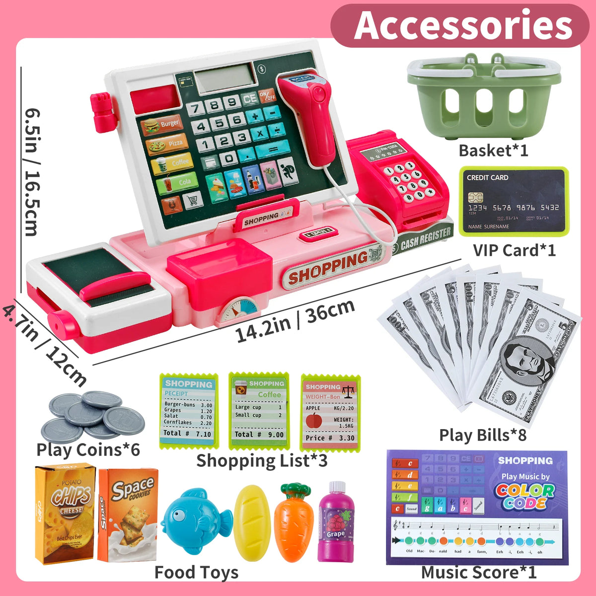 A pink pretend play cash register with a calculator, accessories like play coins, food toys, and music score are displayed.