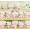 A collection of twelve customizable white bobble head pet figures displayed on a wooden shelf.