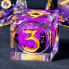 A purple liquid core resin die cube featuring the number 3 and a black cat silhouette.