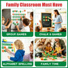 A collection of educational activities including group games, chalk and games, alphabet spelling, and family time.