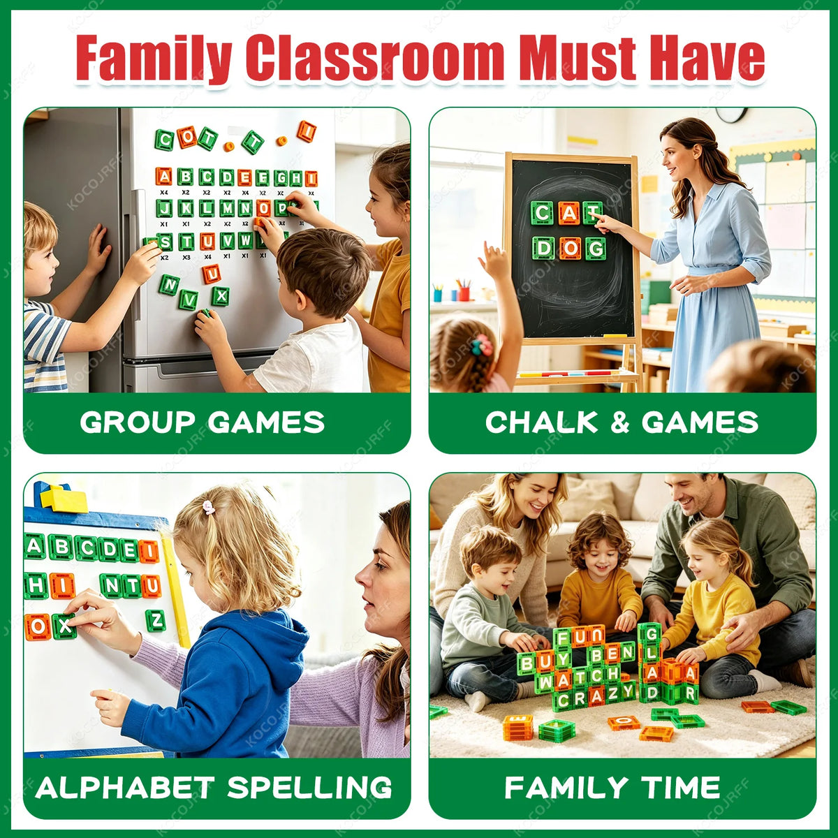 A collection of educational activities including group games, chalk and games, alphabet spelling, and family time.