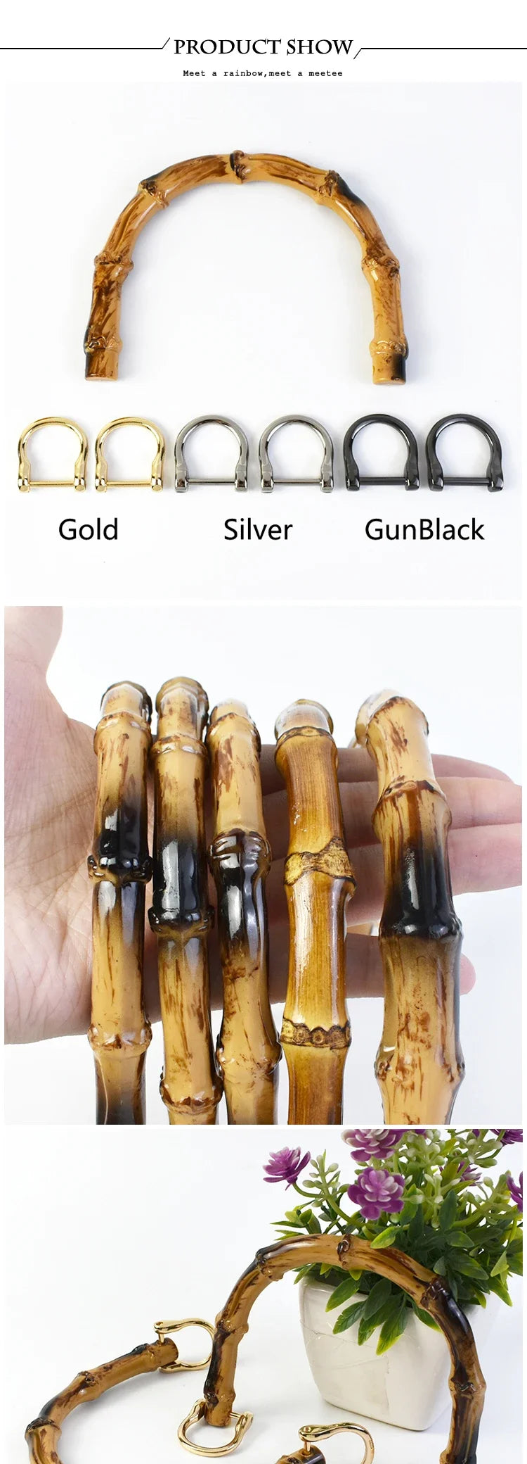 A set of bamboo-style bag handles in gold, silver, and gunblack finishes are displayed alongside natural wood handles.