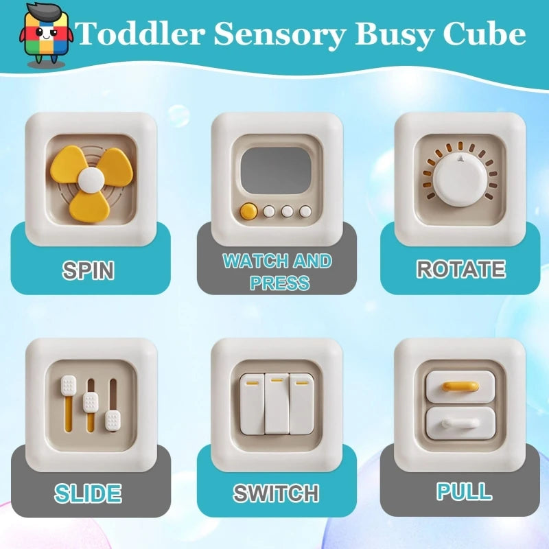 A set of six sensory activity cubes for toddlers featuring spin, watch and press, rotate, slide, switch, and pull functions.