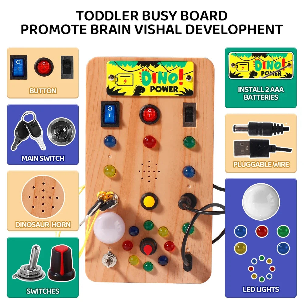 A wooden toddler busy board featuring various switches, buttons, horns, and LED lights for brain visual development.