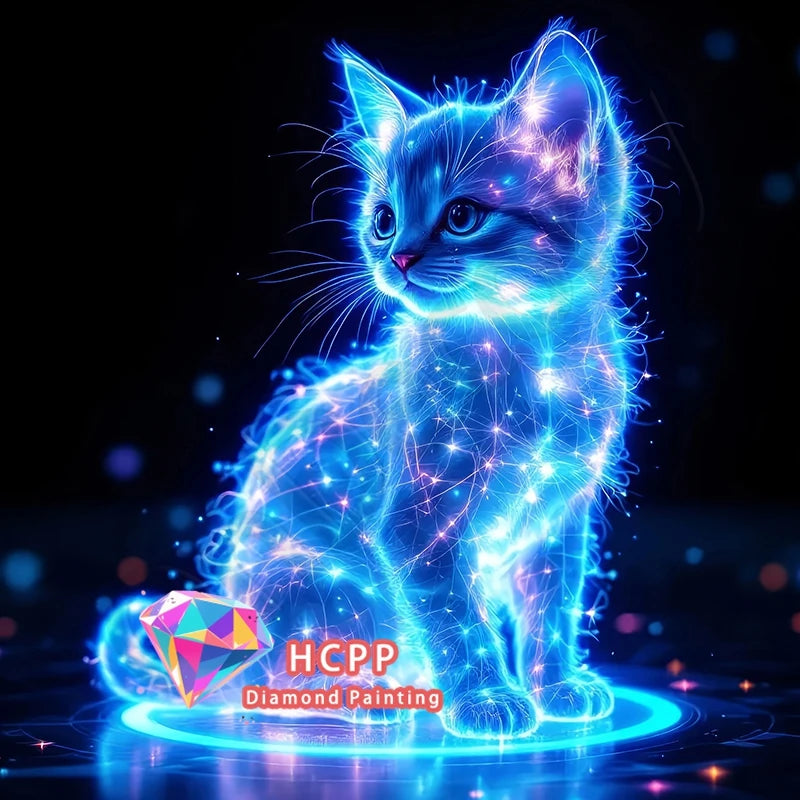 A vibrant blue kitten rendered in a 5D diamond painting style with sparkling light effects.