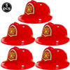 Five red firefighter helmets for kids displayed in a row.