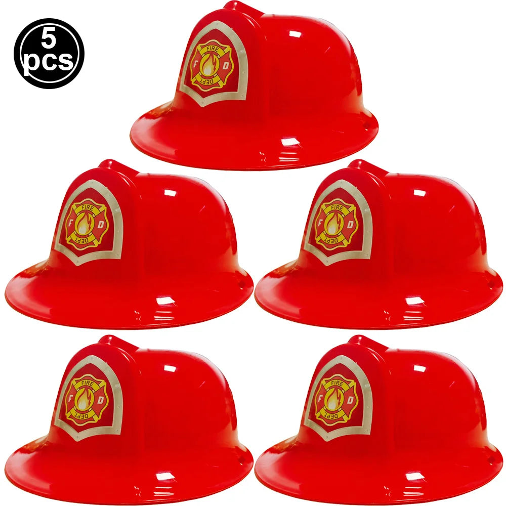 Five red firefighter helmets for kids displayed in a row.