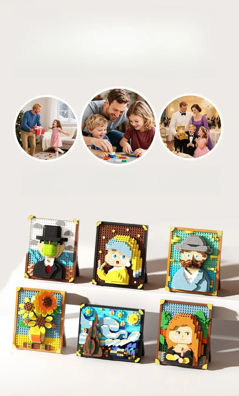 A set of pixel art building blocks featuring various family and portrait scenes.