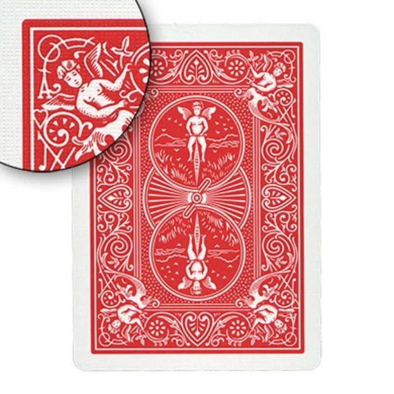 A red and white deck of professional poker cards featuring intricate designs and a bicycle motif.