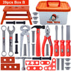 A set of children's tools including a drill, pliers, and various hardware pieces in an orange box.