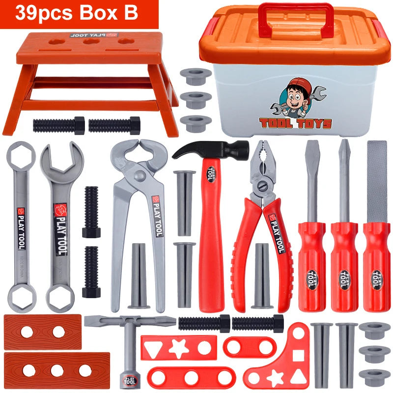 A set of children's tools including a drill, pliers, and various hardware pieces in an orange box.