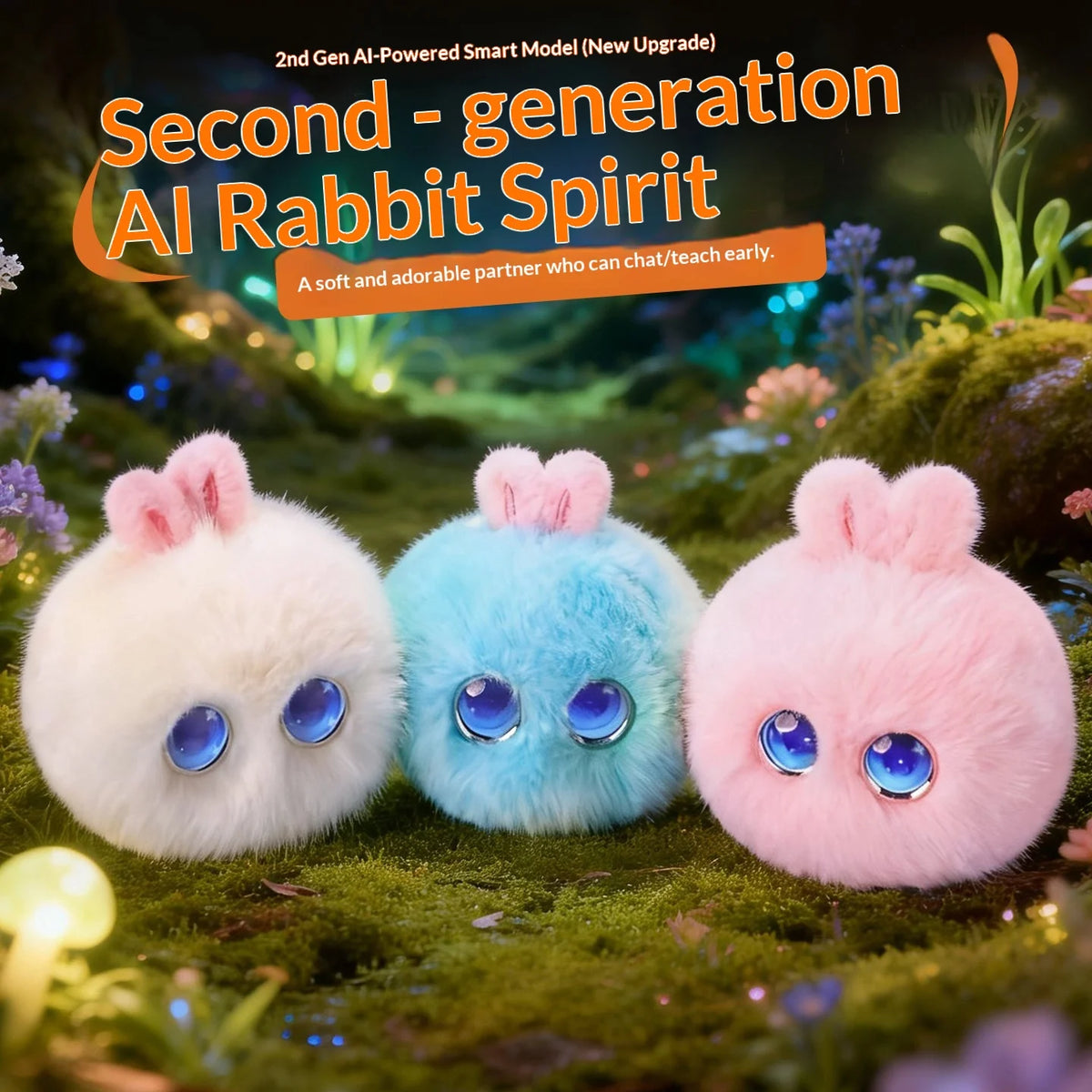 Three fluffy plush rabbits in white, blue, and pink sitting on green moss with glowing plants.