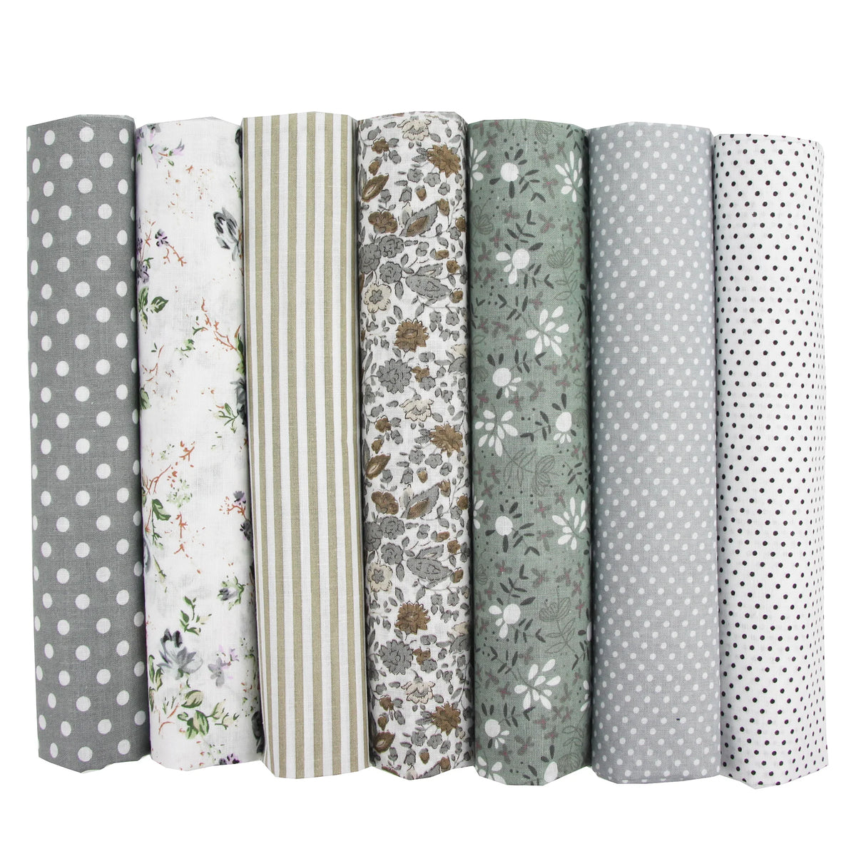 A pack of seven rolls of cotton fabric squares for quilting and patchwork in various striped and patterned fabrics.