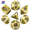 A set of retro polyhedral dice in a light yellow and white marbled pattern.