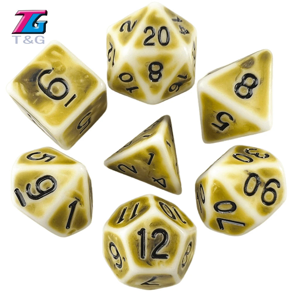 A set of retro polyhedral dice in a light yellow and white marbled pattern.