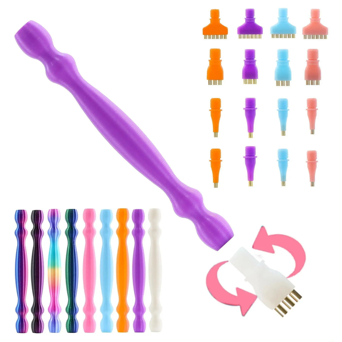 A purple Diamond Art pen kit with interchangeable tips and a vacuum pickup tool.
