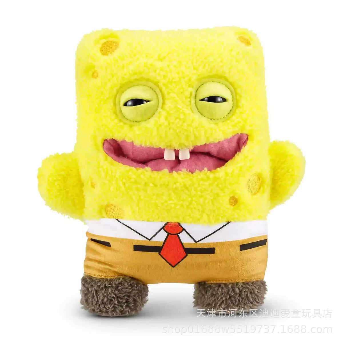 A yellow SpongeBob SquarePants plush toy with a smiling face and a brown Patrick Star plush toy.