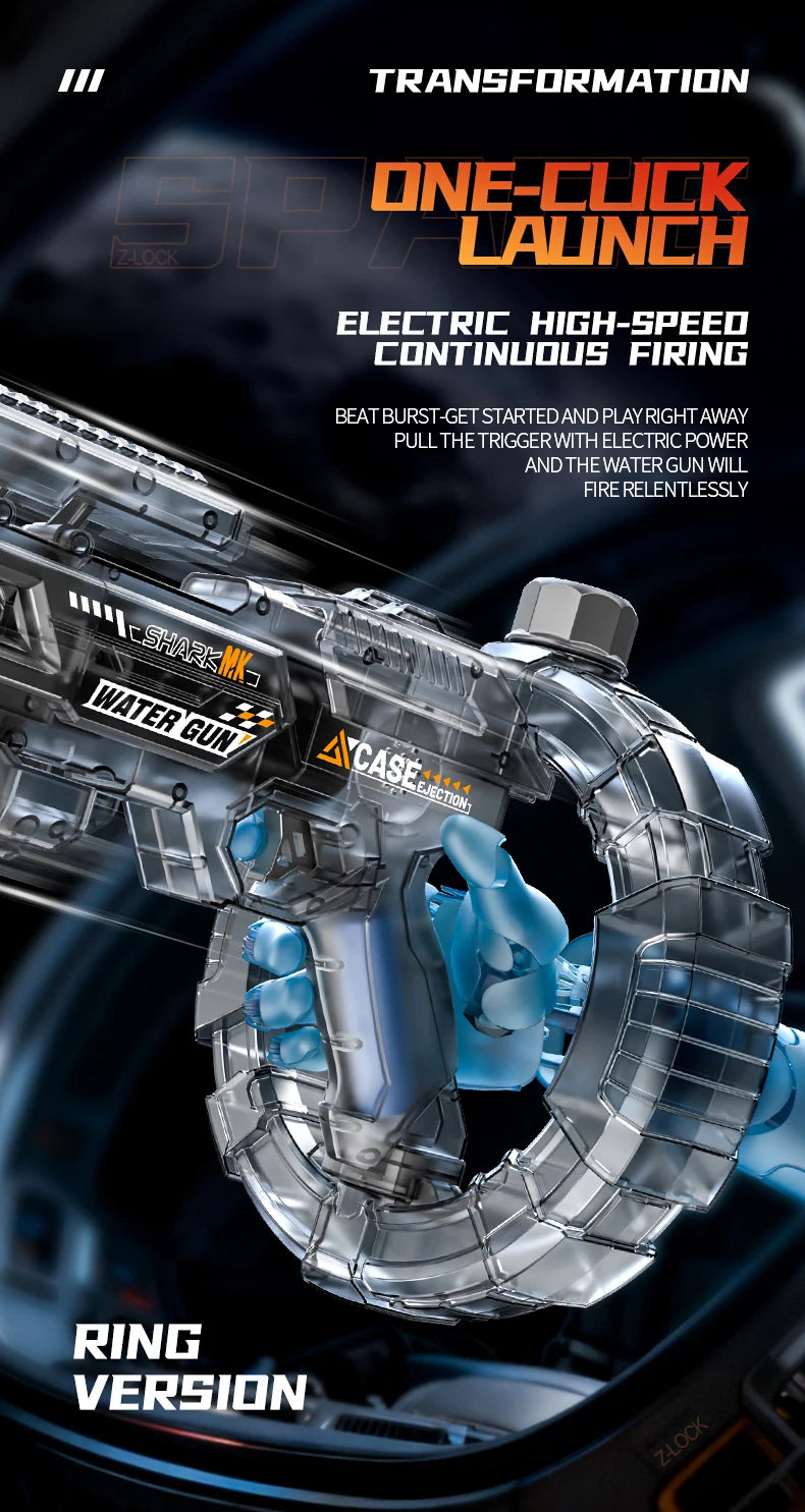 A close-up of a Shark MK electric water gun in the Ring version, showing its design and firing mechanism.