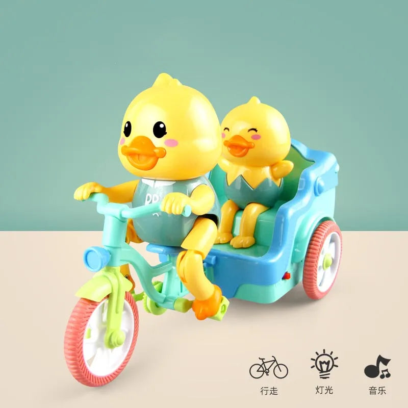 A yellow duck plush toy is seated in a blue electric tricycle with visible light and music features.