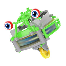 A green and gray gyroscopic unicycle fingertip spinner with large red and blue eyes.