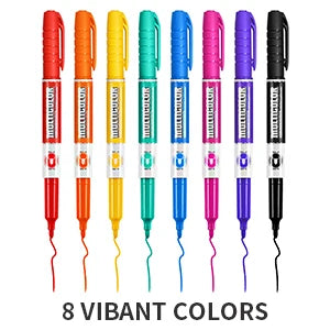 A set of eight vibrant colored dry erase markers with chisel tips displayed vertically.