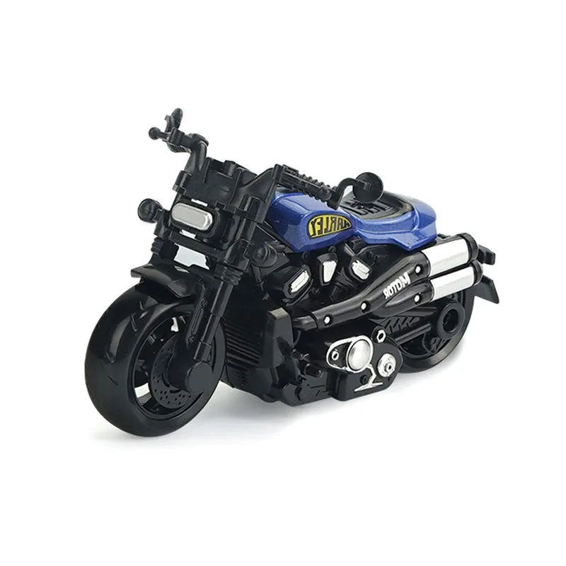 A black vintage-style pull-back motorcycle toy car with blue accents.